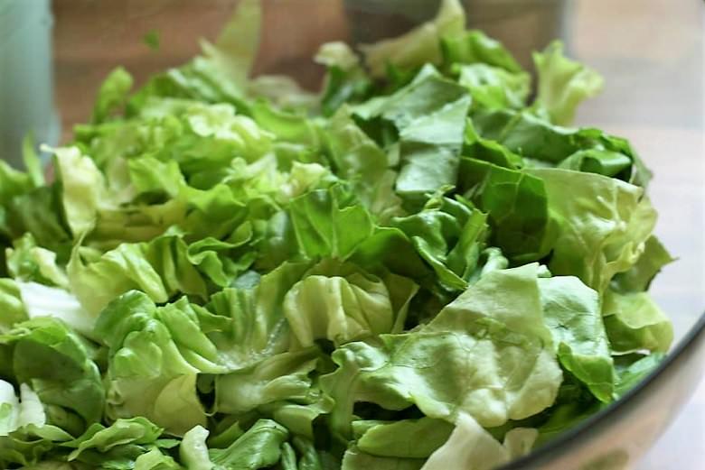 Grüner Salat, gerupft in einer Glasschüssel.